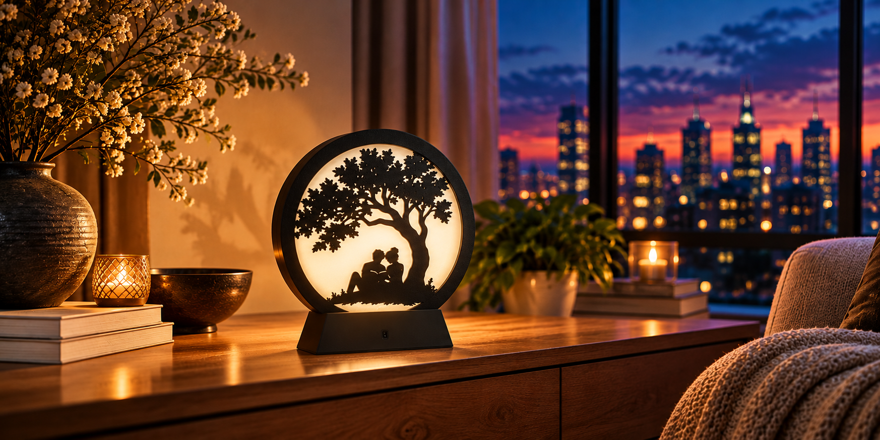 A glowing circular StoryLight beside a stack of books on a wooden sideboard, before a window overlooking a twilight city skyline